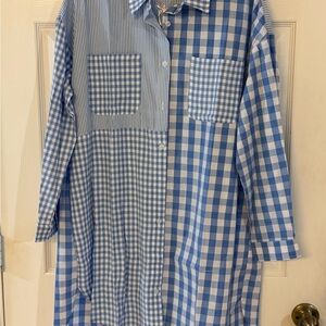 Blue Checkered and Striped Shirt Dress